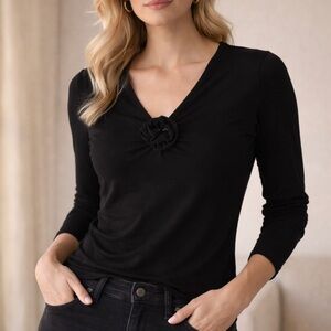 Hot Cotton Black Long Sleeve Top with Floral Accent